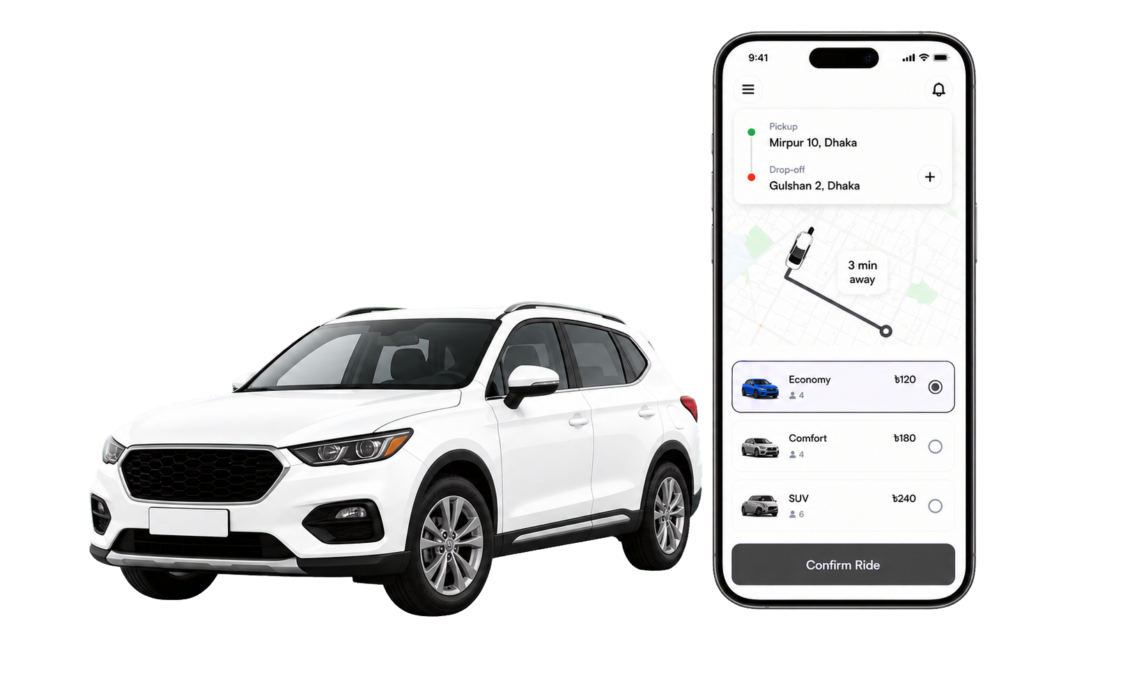 JRide app booking interface with car